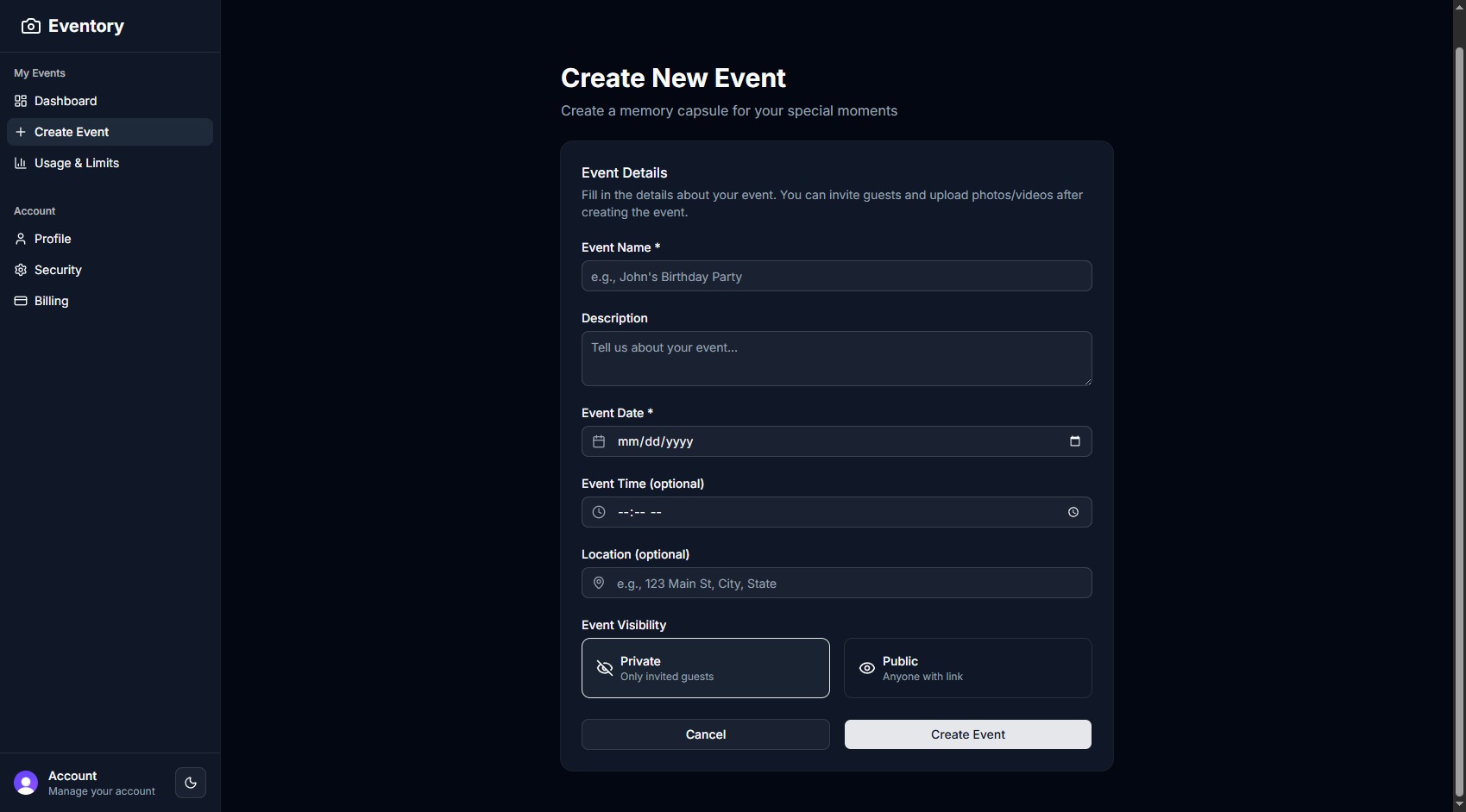 Step 1: Create your event with name, date, and settings